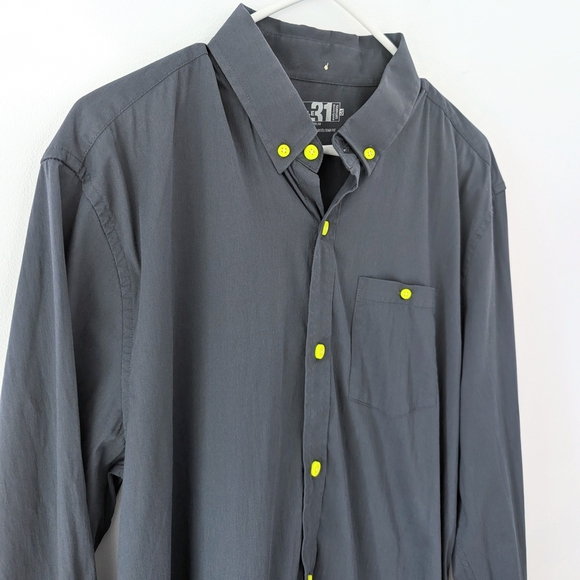 Le 31 Men's Blue-gray + Neon Yellow Buttons Long Sleeve Dress Shirt - Size Large - Picture 3 of 7